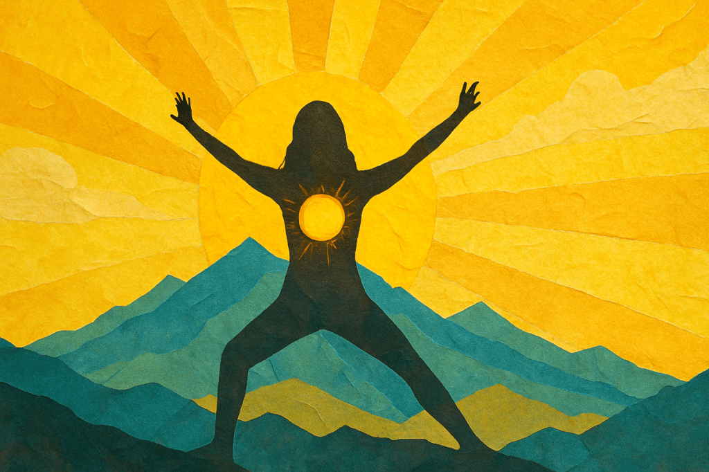 Confident silhouette of Warrior 2 Yoga Pose overlooking blue jagged mountains and a glowing sun filling up the sky